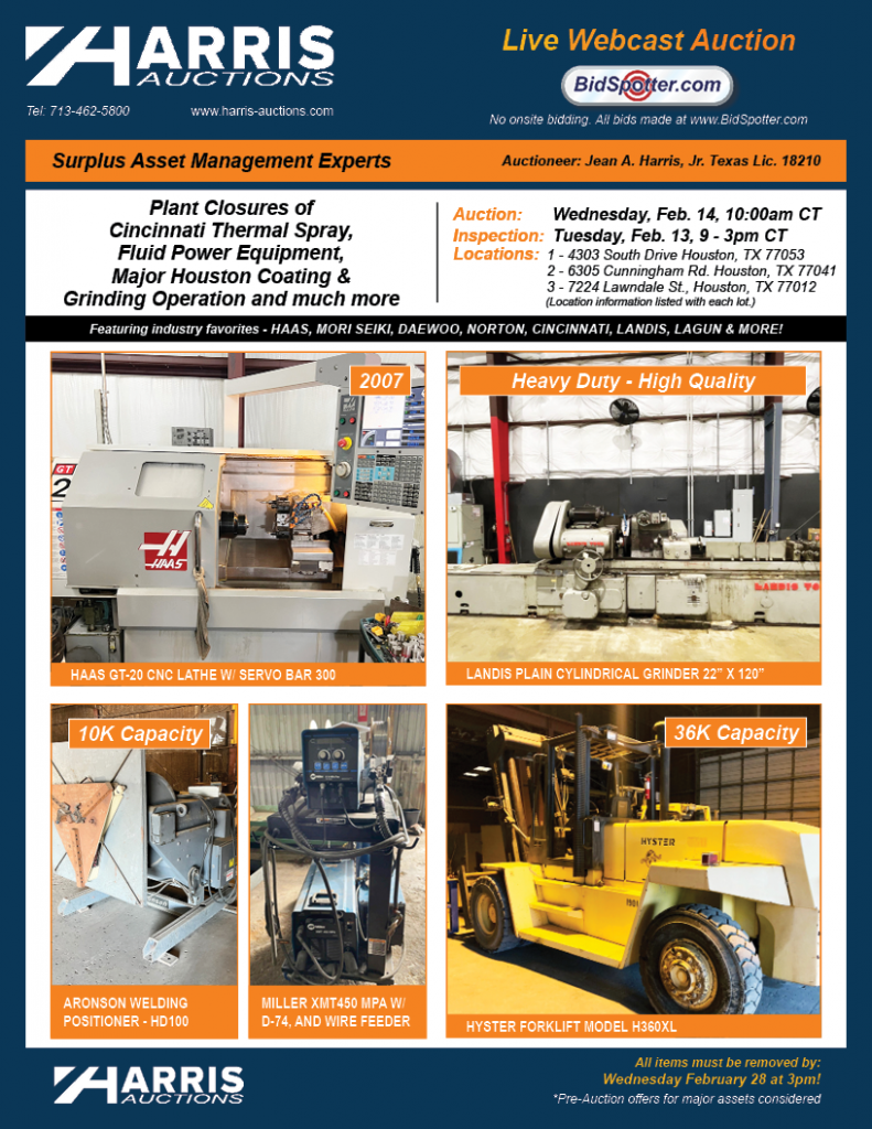 Live Webcast Auction - Plant Closures of Laser Key Products, Fluid Power Equipment, Major Houston Coating & Grinding Operation and much more