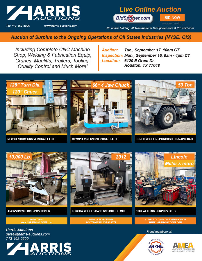 Auction of Surplus to the Ongoing Operations of Oil States Industries (NYSE: OIS) Including Complete CNC Machine Shop, Welding & Fabrication Equip, Cranes, Manlifts, Trailers, Tooling, QC and Much More!