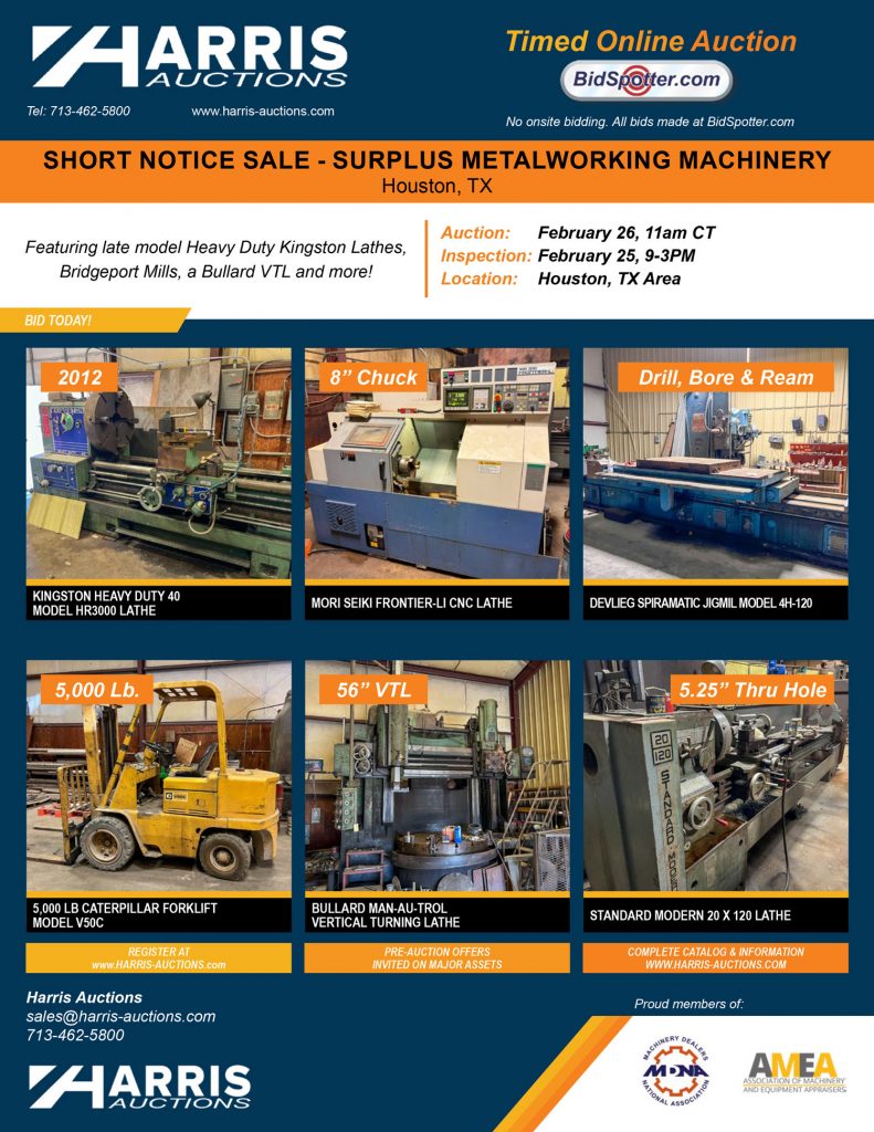 Featuring late model Heavy Duty Kingston Lathes, Bridgeport Mills, a Bullard VTL and more!